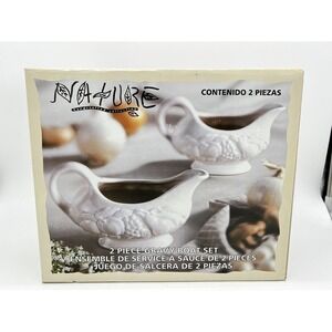 Nature Handcrafted Collection‎ 2 piece Gravy Boat Set Embossed Fruit Design